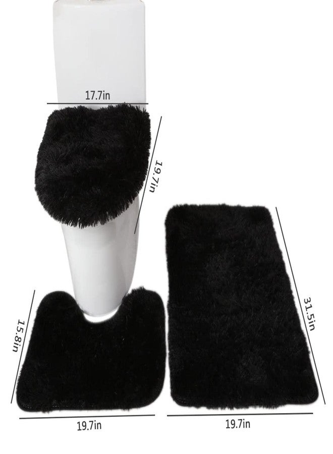 BXEBUI Microfiber Bathroom Rug Sets 3 Piece, Non Slip Contour Mat Toilet Lid Cover and Bath Rug Mats Shower Mats for Bathroom Tub Toilet (Black) - Image 2